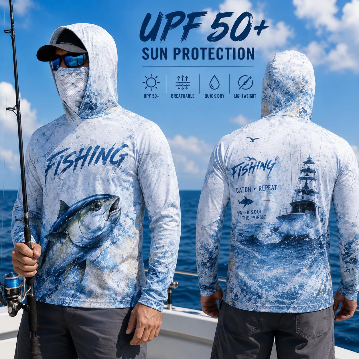 Fishing Hoodie Shirt Men Long  - Fishing Mask Sun Protection บทวิจารณ์และราคา